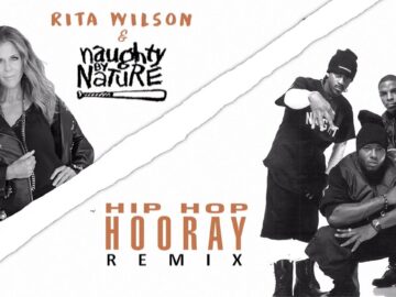 An image for Rita Wilson and Naughty By Nature's charity single, featuring black and white pictures of both